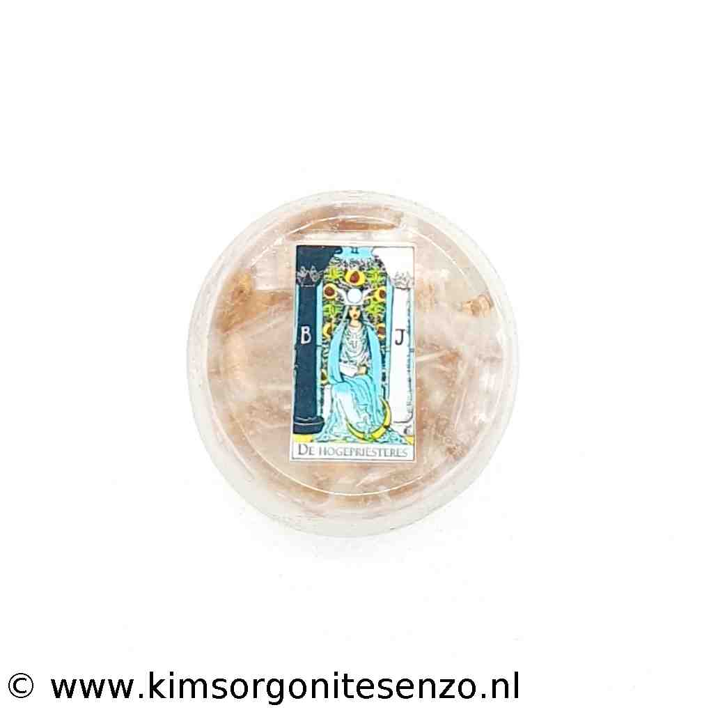 Orgonites, Zak orgonites, Rond Cup, Tarot Orgonite De Hogepriesteres met Seleniet