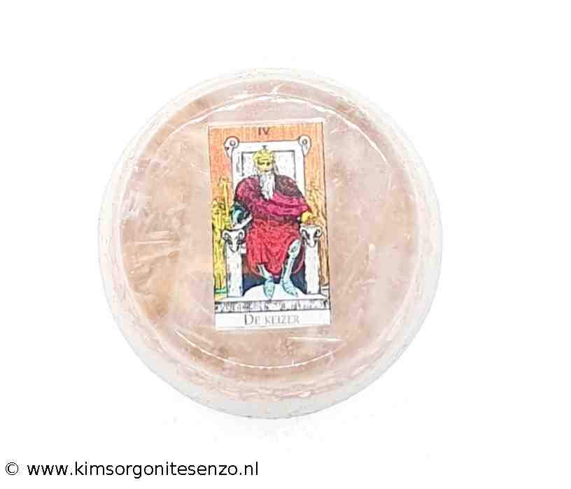 Orgonites, Zak orgonites, Rond Cup, Tarot Orgonite de Keizer met Seleniet