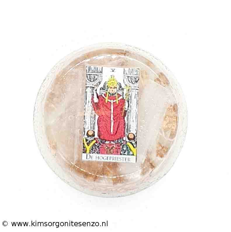 Orgonites, Zak orgonites, Rond Cup, Tarot Orgonite De Hogepriester met Seleniet