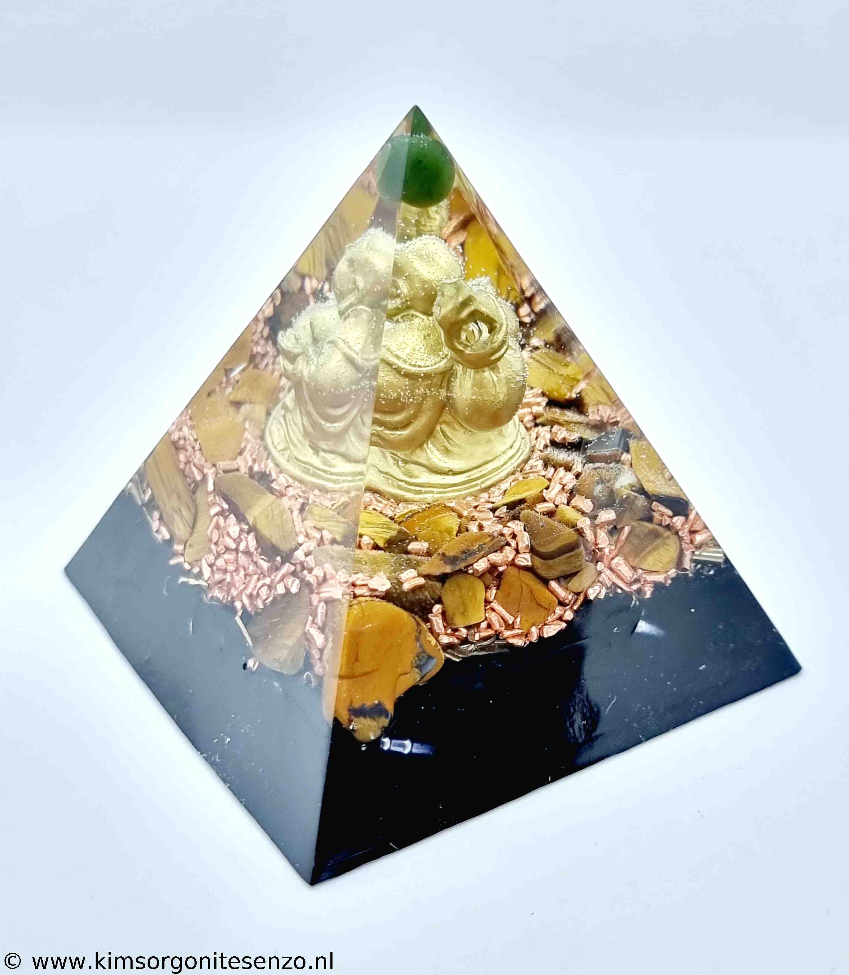 Orgonites, Piramides, Middel Piramide met Groene Jade, Tijgeroog en Zwarte Onyx