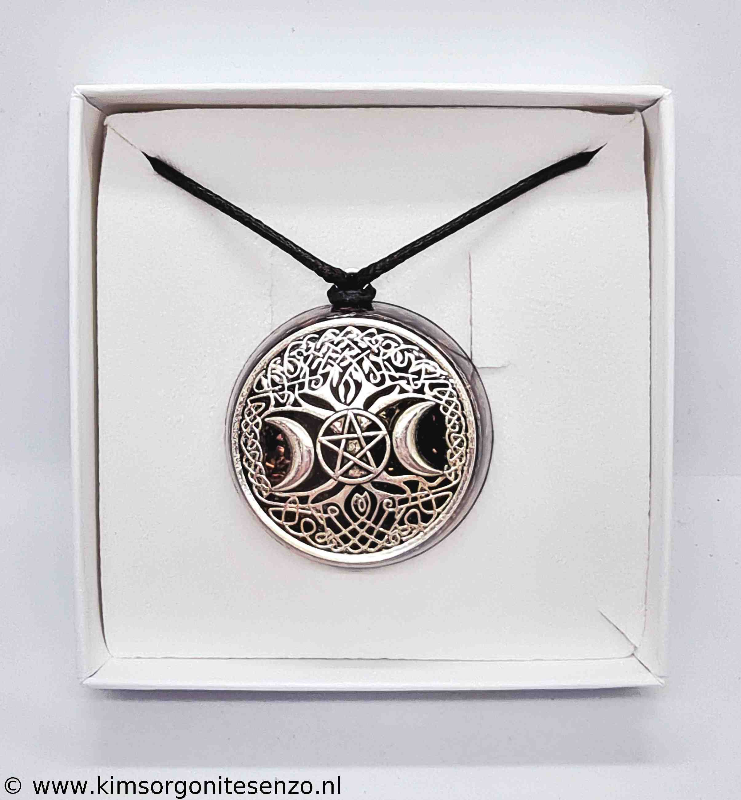Zwarte Toermalijn & Shungiet Kettingen 10 Amulet Levensboom met Triple Moon en Pentagram